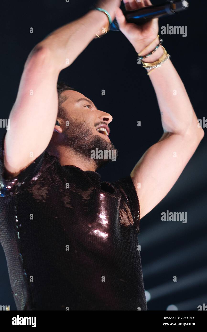 The Spanish singer Manuel Carrasco Performance during the concert of heart and arrow Tour at the Wizcentr in Madrid. July 14, 2023 Spain Stock Photo