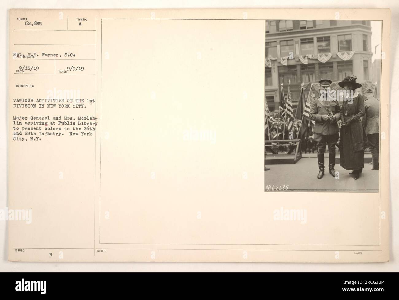 Major General and Mrs. McGlahlin arriving at the Public Library in New York City to present colors to the 26th and 28th Infantry of the 1st Division. This photo was taken on September 9, 1919, during various activities of the 1st Division in New York City. Stock Photo