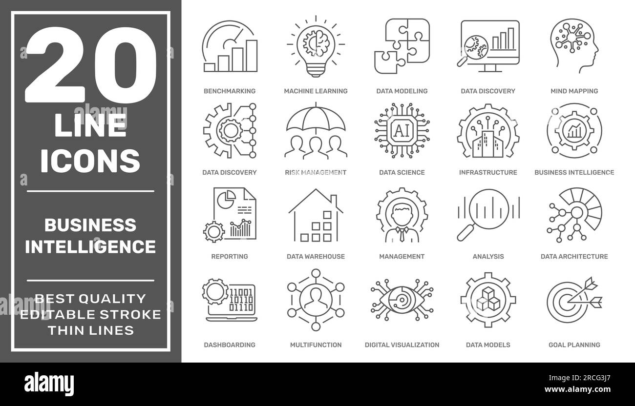 Business Intelligence icons set. Different Business Intelligence tools links icons. Business Intelligence Platform. Vector illustration. Editable Stock Vector
