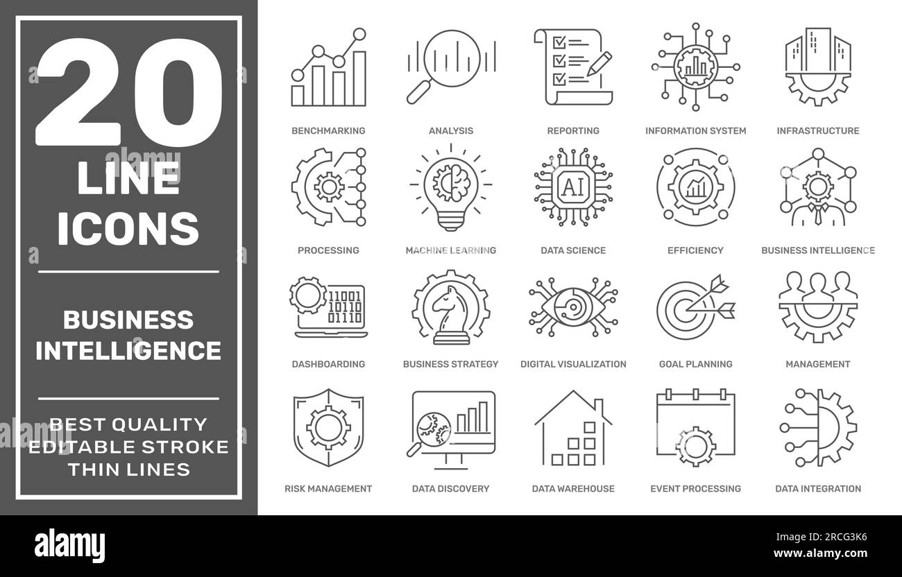 Business Intelligence icons set. Business intelligence tools such as strategy, deep learning, ai, analysis and etc. Editable Stroke Stock Vector