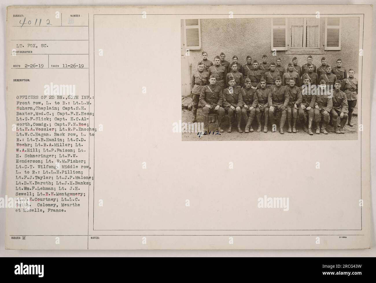 This is an image of the officers of the 2nd Battalion, 60th Infantry regiment during World War I. In the front row, from left to right, are Lt. L.M. Schorn (Chaplain), Capt. S.H. Baxter (Med.C.), Capt. F.H. Hess, Lt. Q.F. Slick, Capt. E.C. Alworth (Commanding), Capt. F.N. Roe, Lt. E.A. Vossler, Lt. R.P. Enochs, and Lt. W.C. Hagan. In the middle row, from left to right, are Lt. L.H. Pillion, Lt. F.J. Taylor, Lt. J.P. Malone, Lt. B.K. Baruth, Lt. J.H. Banks, Lt. Wm.F. Lehman, Lt. J.H. Sewell, Lt. R.E. Montgomery, Lt. J.E. Courtney, and Lt. L.C. Smith. And in the back row, from left to right, are Stock Photo