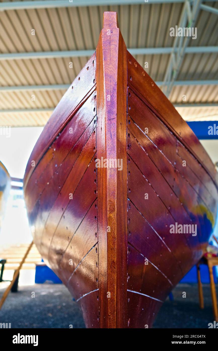 Small wooden boat construction details, bow and stem detail Stock Photo