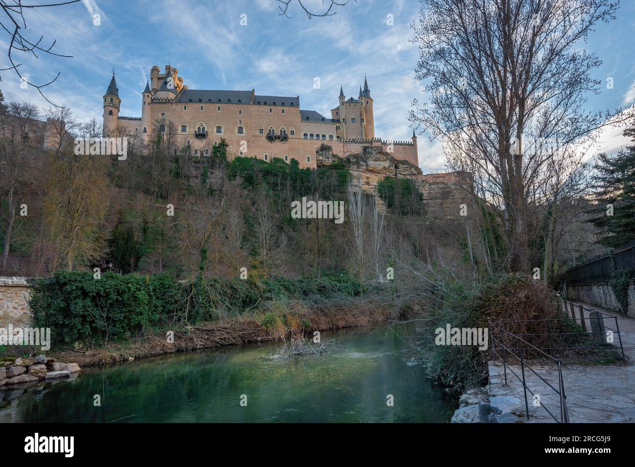 Eresma River and Alcazar of Segovia - Segovia, Spain Stock Photo