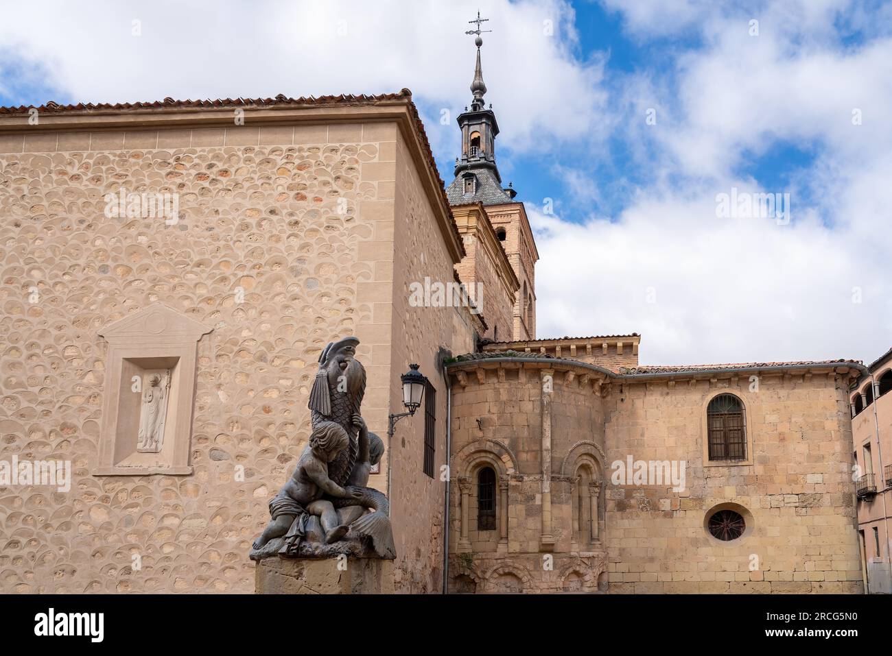 Lions Fountain (Fuente de Los Leones) and Church of San Martin at Plazuela de San Martin Square - Segovia, Spain Stock Photo