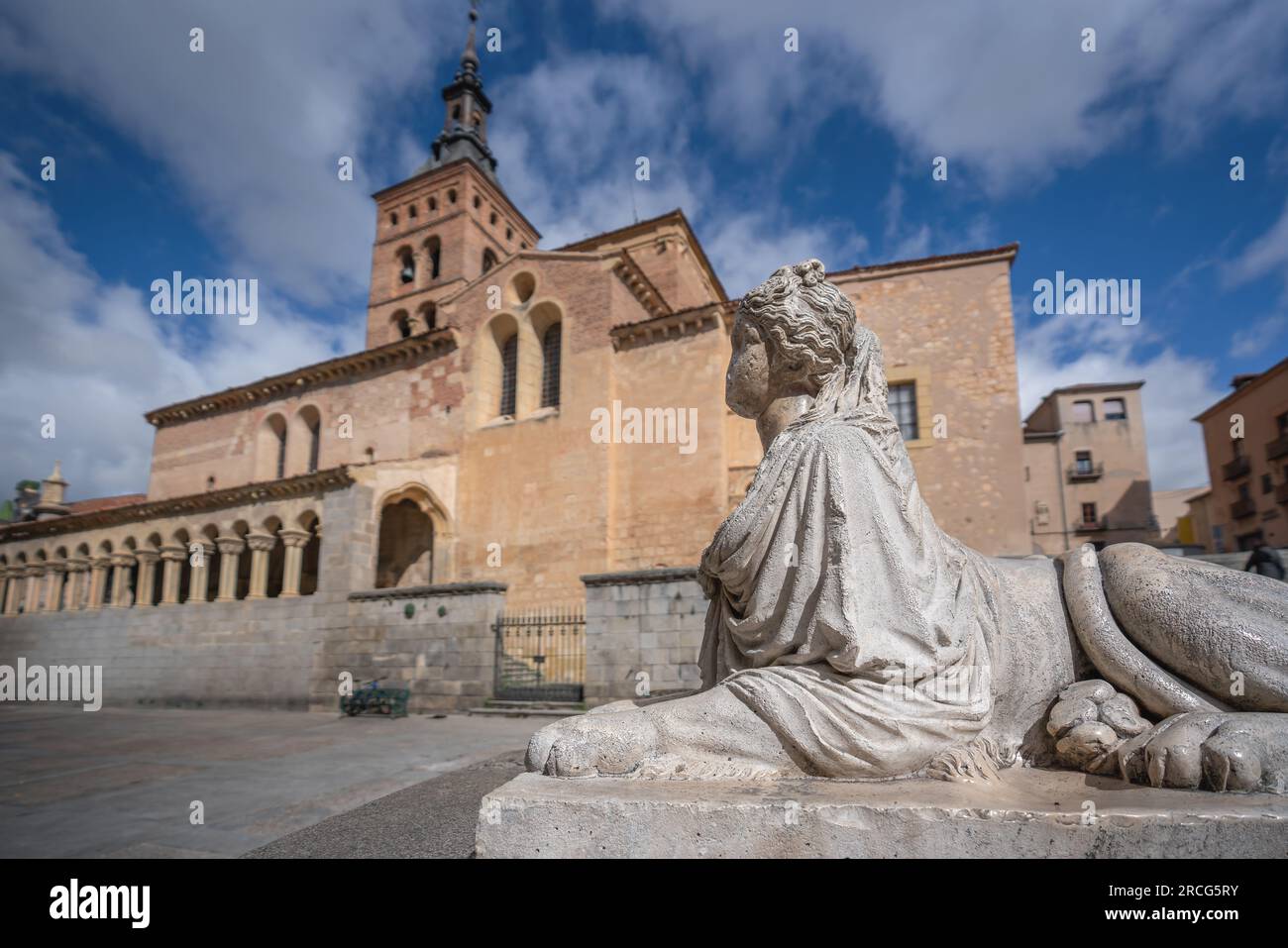 Sirenas de Segovia Sculpture (Segovia Mermaid) and Church of San Martin - Segovia, Spain Stock Photo