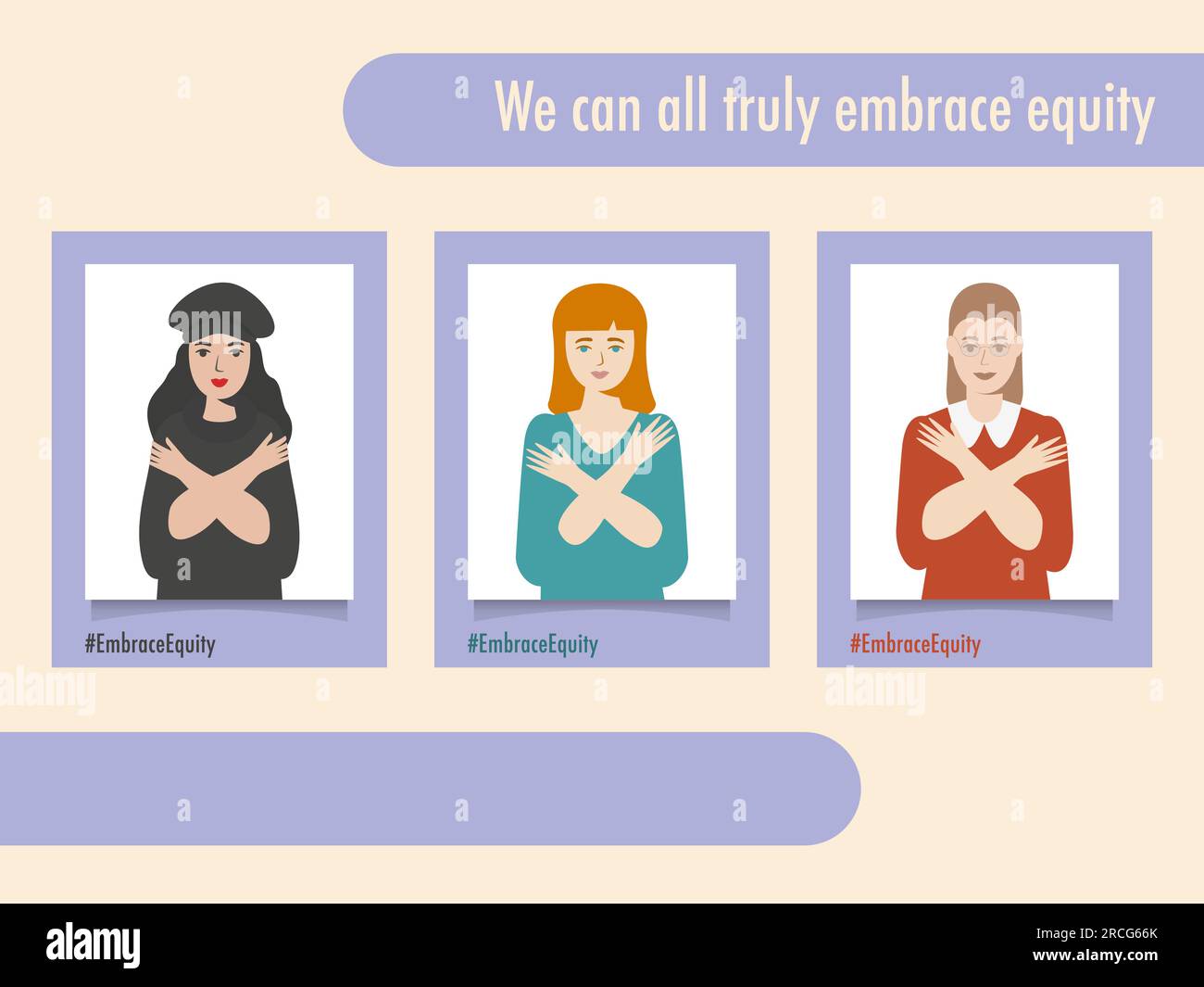 People portraits #EmbraceEquity Give equity a huge embrace. International Women's Day 2023 Embrace equity. Equal opportunities are no longer enough Ve Stock Vector