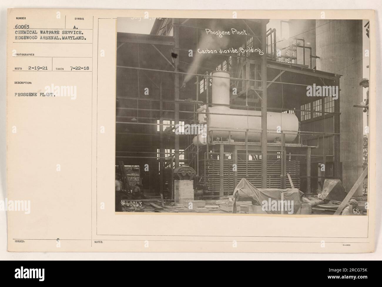 Phosgene production plant at Edgewood Arsenal in Maryland. This image shows building 3-4, which is used for carbon dioxide processing in the production of phosgene gas. Taken on July 22, 1918, the photograph is part of the Chemical Warfare Service collection. Stock Photo