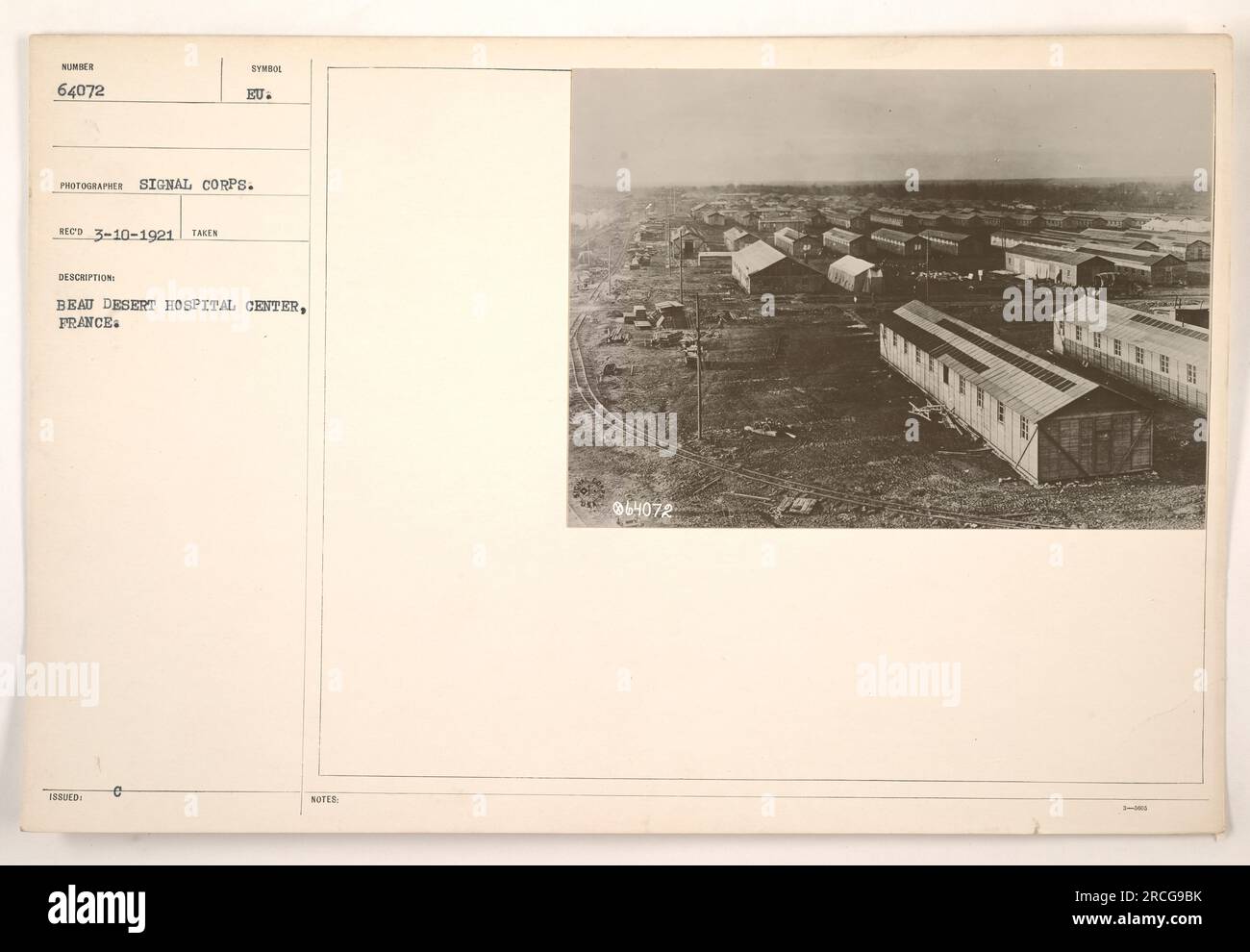 Beau Desert Hospital Center, France, in a photograph taken by Symbo Photographer for the Signal Corps. This image, with the description 'Beau Desert Hospital Center, France,' was received on March 10, 1921. It is a part of a collection of photographs documenting American military activities during World War One. The identification number for this particular image is 64072. Stock Photo