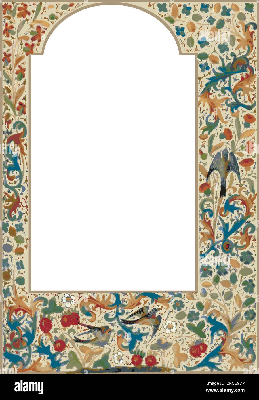 Medieval style birds illuminated manuscript border, swallows flying