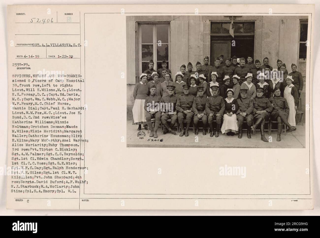 Officers, Nurses, and non-commissioned officers of Camp Hospital 38 at Chatillon sur Seine, Cote d'Or, France. They are identified as follows: front row, left to right: Lieut. Will H. Milone, Lieut. H.H. Persay, Capt. Ed. Davis, Capt. Wm. C. Webb, Major N.F. Peury, Chief Nurse Mantie Dial, Capt. Paul H. Gerhardt, Lieut. W. M. Fox, Lieut. Joe B. Bond; second row: Misses C Katherine Williams, Minnie Holtman, Gretchen Derman, Maude M. Miles, Elsie Meridith, Margaret Waller, Catherine Houseman, Olive E. Kline, Mary McCarthy, Amel Warren, Alice Moriarity, Ruby Thompson; third row: Pvt. Tipton C. Bi Stock Photo
