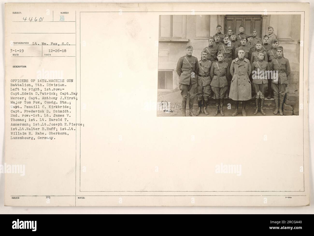 Officers of the 14th Machine Gun Battalion, 5th Division, in Oberkorn, Luxembourg, Germany. Front row, left to right: Capt. Edwin D. Patrick, Capt. Ray Mercer, Capt. Anthony J. Kirst, Major Tom Fox (Commanding Battalion), Capt. Pennill C. Kirkbride, Capt. Frederick S. Schmidt. Second row: 1st Lt. James V. Thomas, 1st Lt. Harold T. Ammerman, 1st Lt. Joseph E. Pierce, 1st Lt. Walter B. Huff, 1st Lt. William H. Rabe. Photograph taken and issued by Lt. M. Fox on December 26, 1919. (111-SC-44601) Stock Photo