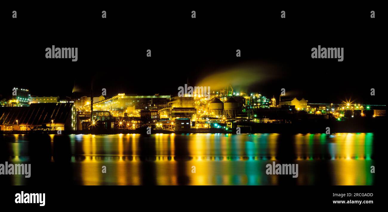 Aluminum smelter at night, Hobart, Tasmania, Australia Stock Photo