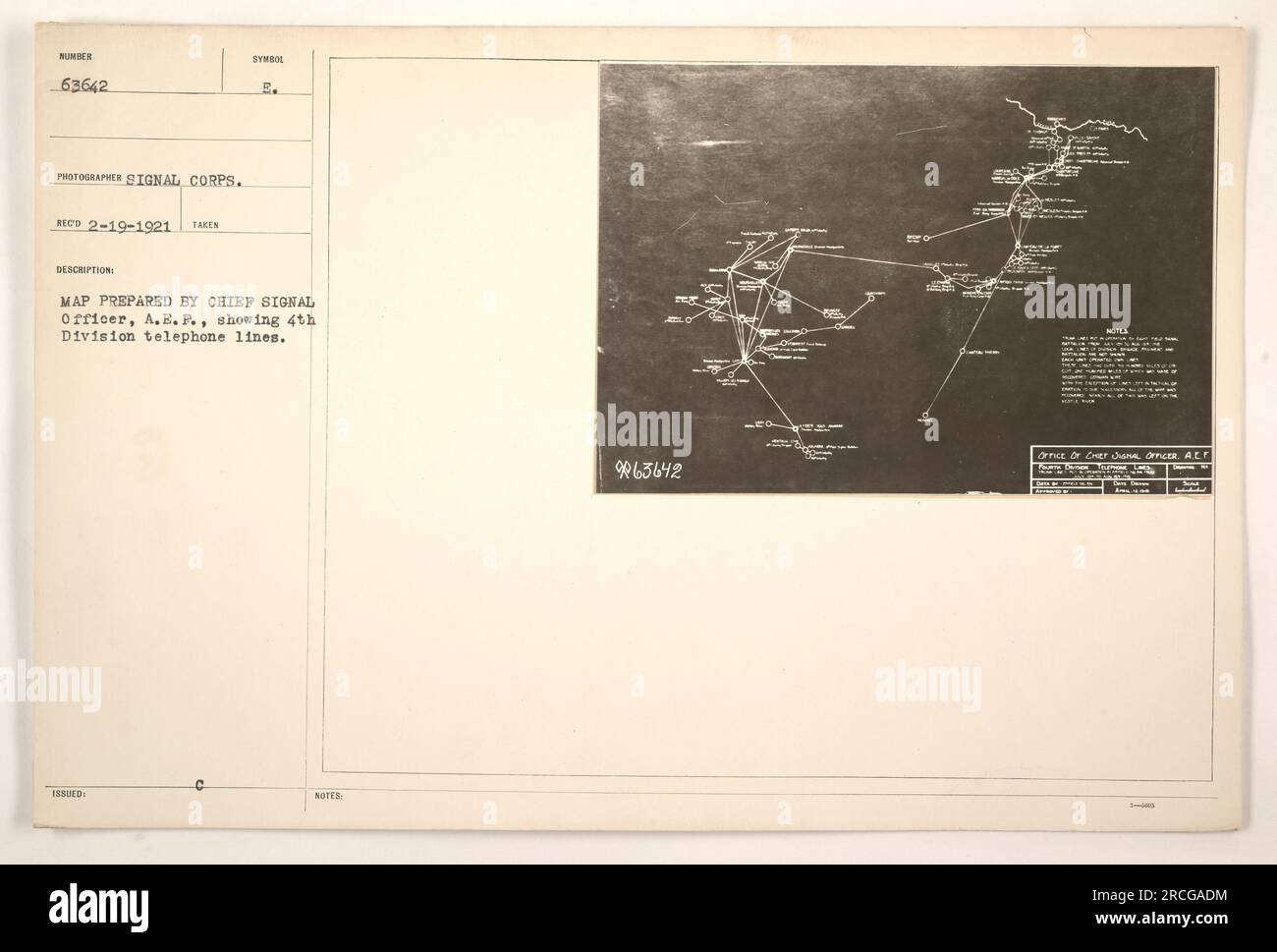 Photograph depicting a map prepared by the Chief Signal Officer, A.E.F., displaying telephone lines of the 4th Division. The photo is marked NOMOC 63642 and was taken by the Signal Corps. It was captioned as 'symbol 188UED E' with additional notes referencing locations such as Oct, Or Cerdana dr, ALF Kang, Paten Tolle St, and ws. Stock Photo