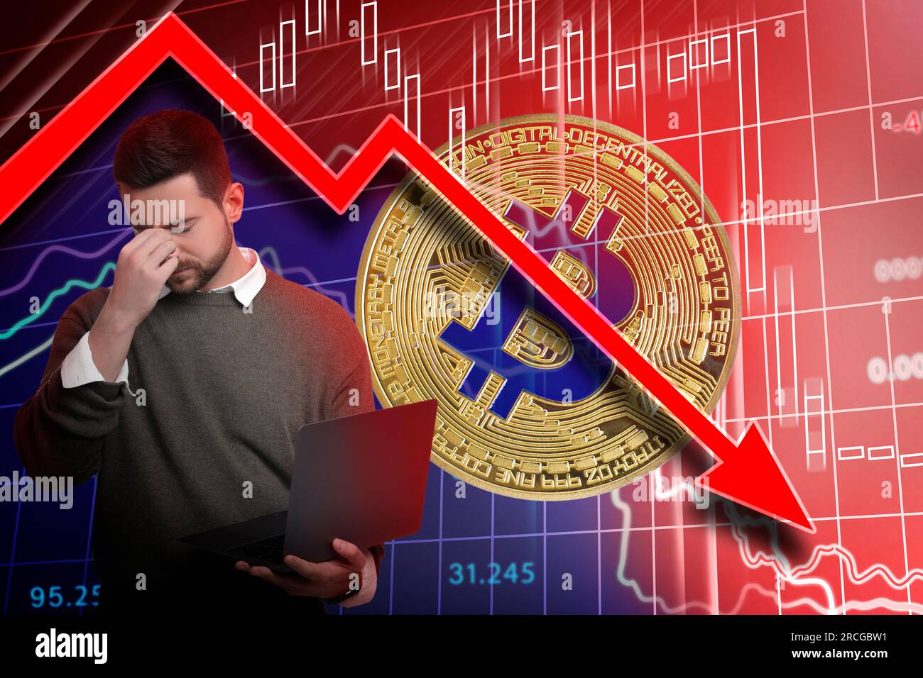 Cryptocurrency collapse. Collage with photo of stressed trader with laptop, bitcoin and data charts Stock Photo