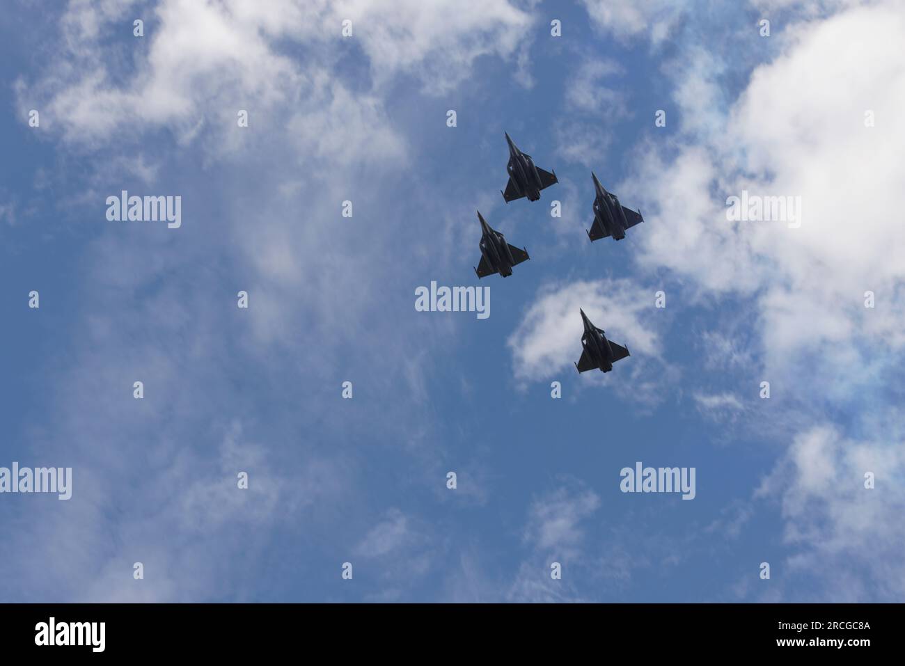 Paris, France. 14th July, 2023. 3 RAFALE from the Indian Air Force followed by a RAFALE from the 30th Fighter Squadron. The French National Day (Bastille Day) is celebrated on Friday July 14, 2023 with the military parade from the Champs-Elysées, in the presence of the President of the Republic Emmanuel Macron in Paris, France. Credit: Bernard Menigault/Alamy Live News Stock Photo