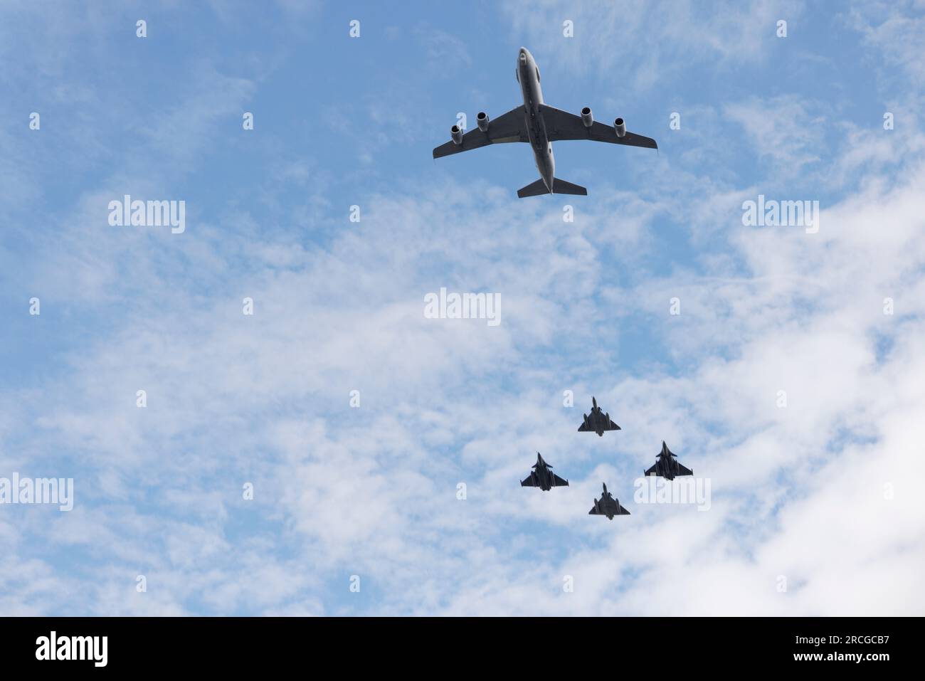 Paris, France. 14th July, 2023. An E-3F AWACS followed by a RAFALE C, two MIRAGE 2000-5 and a RAFALE B. The French National Day (Bastille Day) is celebrated on Friday July 14, 2023 with the military parade from the Champs-Elysées, in the presence of the President of the Republic Emmanuel Macron in Paris, France. Credit: Bernard Menigault/Alamy Live News Stock Photo