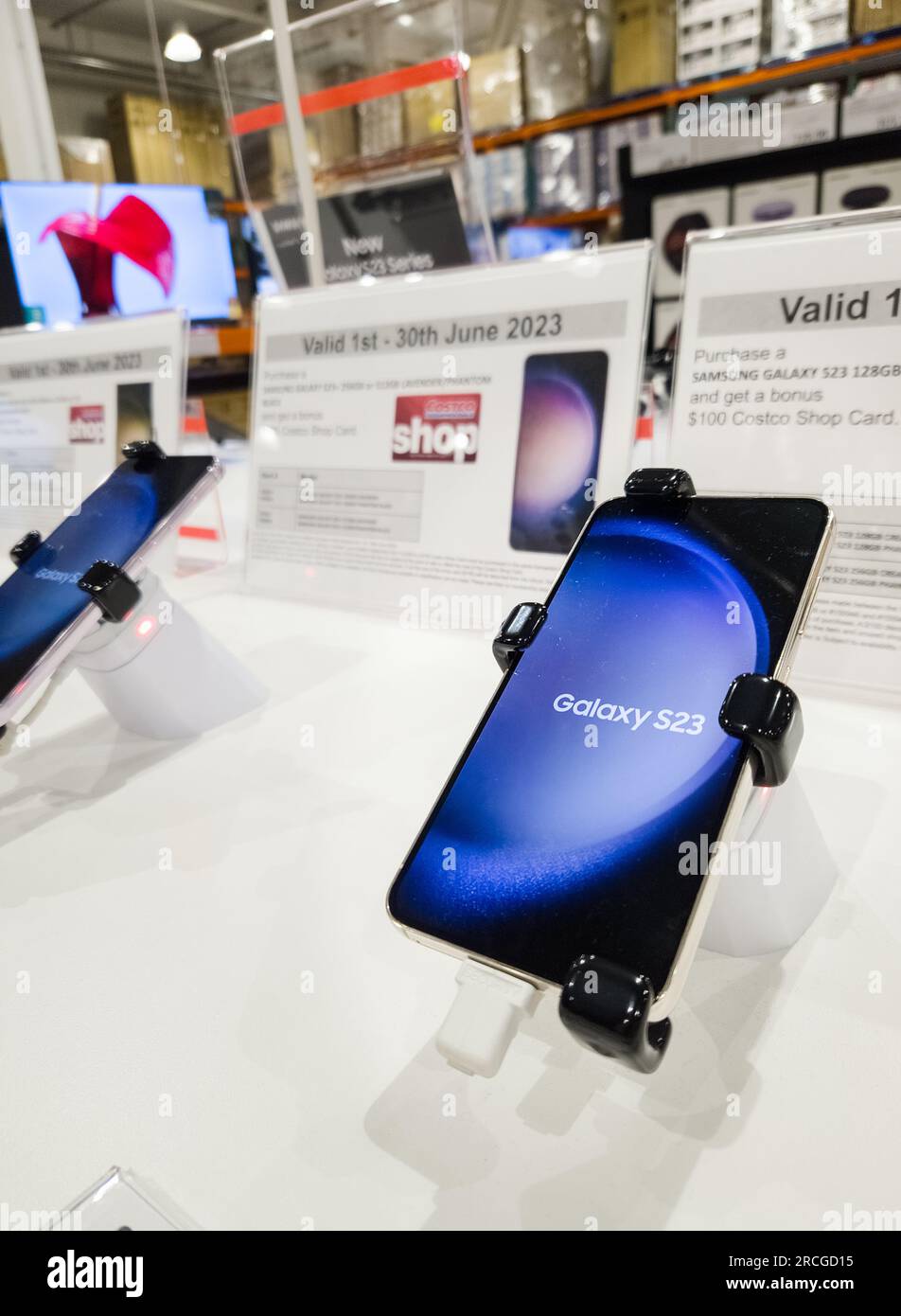 Auckland, New Zealand - June 30, 2023: Samsung Galaxy S23 Android smartphone on display for sale at Costco. Stock Photo
