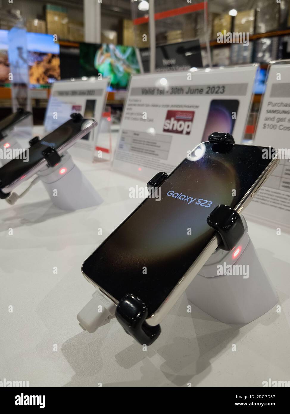 Auckland, New Zealand - June 30, 2023: Samsung Galaxy S23 Android smartphone on display for sale at Costco. Stock Photo