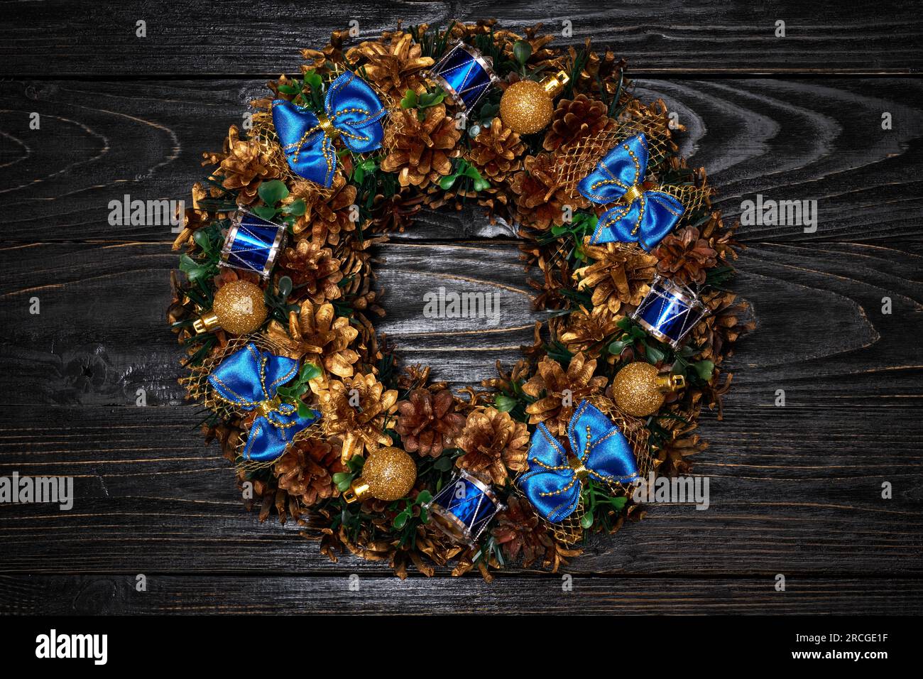 Christmas wreath on wooden background Stock Photo