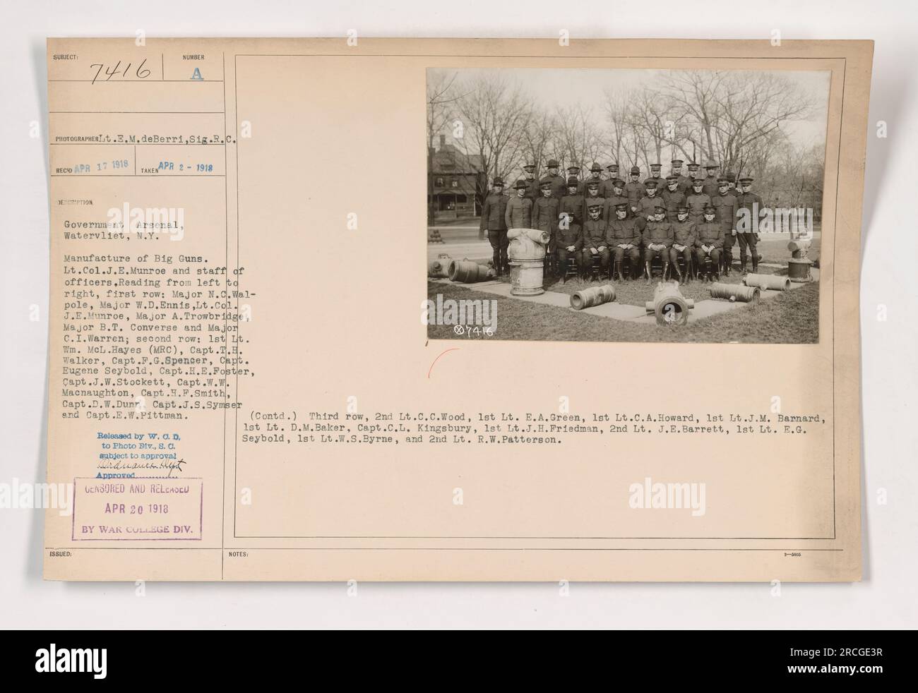Lt. Col. J.E. Munroe and his staff of officers from the Government Arsenal in Watervliet, NY are pictured in this photograph. The photograph provides a detailed listing of the officers from left to right in each row. The image is dated April 17, 1918. Stock Photo