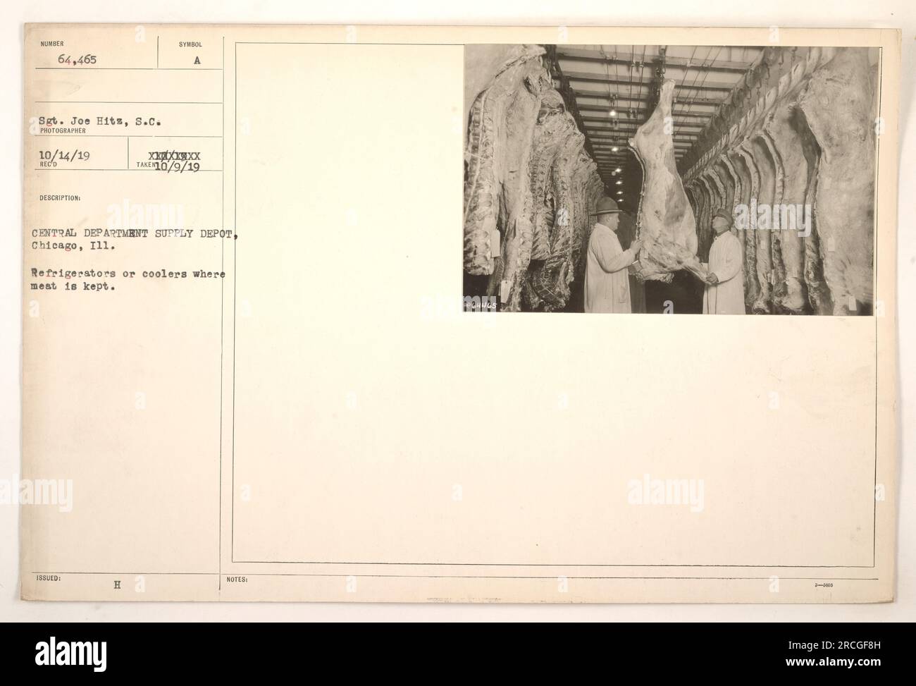 Refrigerators or coolers at the Central Department Supply Depot in Chicago, Illinois are used to store meat. This photograph was taken by Sergeant Joe Hits on October 14, 1919. The description symbol is 'A' and the photo was taken on October 9, 1919. The notes indicate that there are a total of 64,465 refrigerators for storing meat. Stock Photo