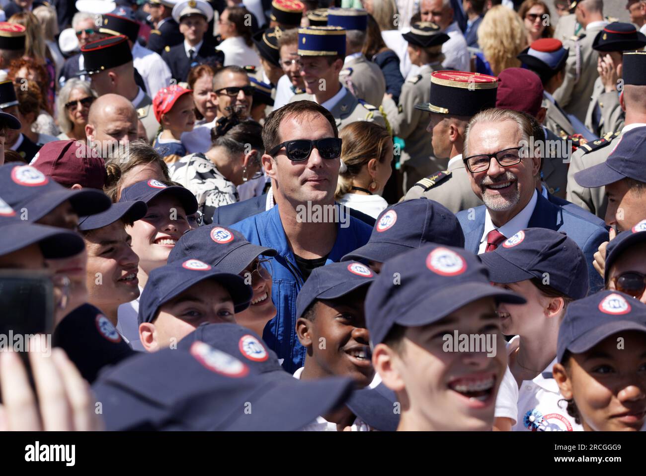 Paris, France. 14th July, 2023. Thomas Pesquet and Josef Aschbacher attend the Bastille Day. The French National Day (Bastille Day) is celebrated on Friday July 14, 2023 with the military parade from the Champs-Elysées, in the presence of the President of the French Republic Emmanuel Macron in Paris, France. Credit: Bernard Menigault/Alamy Live News Stock Photo