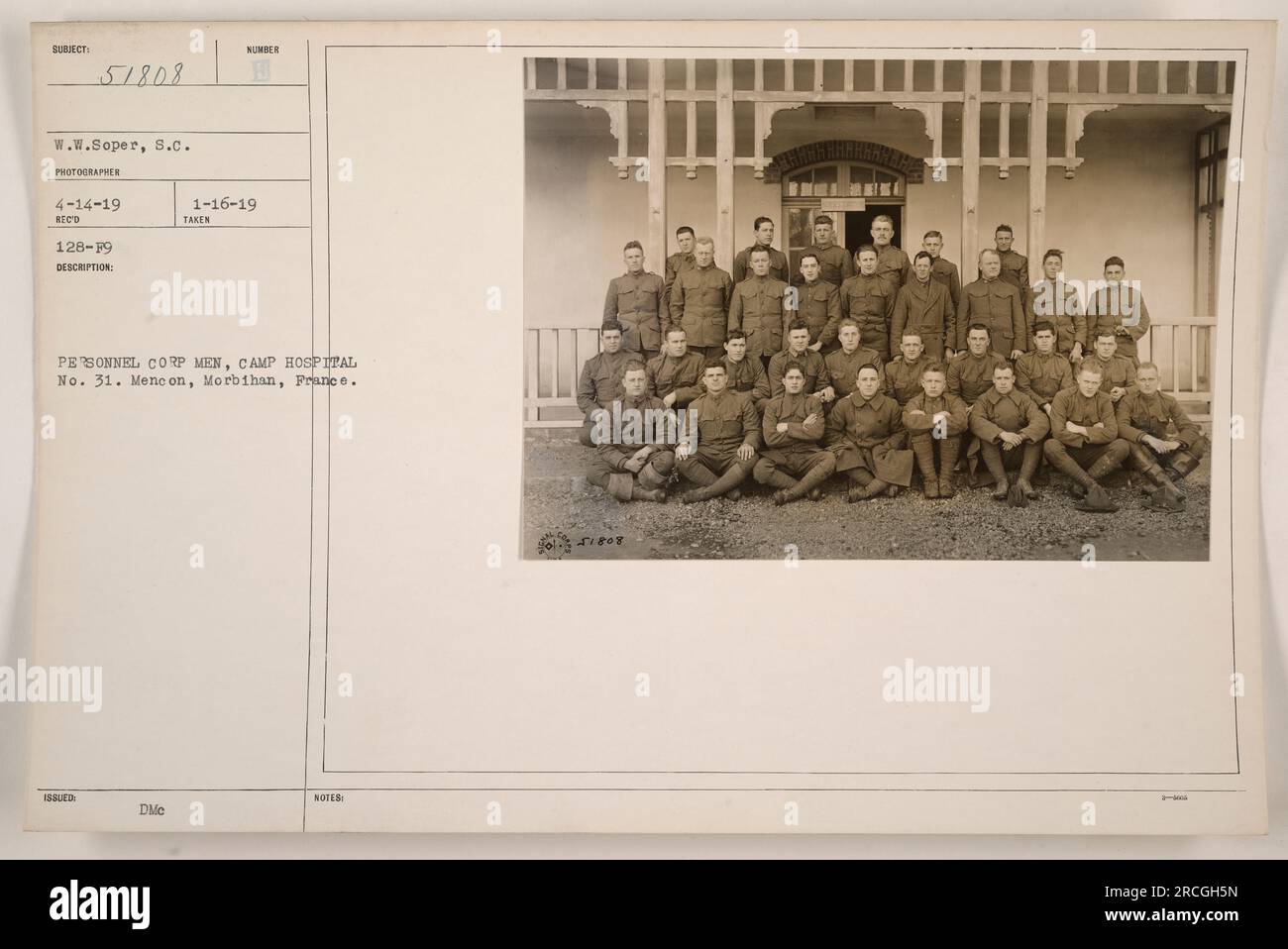 Personnel Corps men are seen at Camp Hospital No. 31 in Menc, Morbihan, France. The photo was taken on April 14, 1919, by W.W. Soper and has the reference number BUBIECT 51808. The description and notes indicate that the photograph was issued on January 16, 1919. Stock Photo
