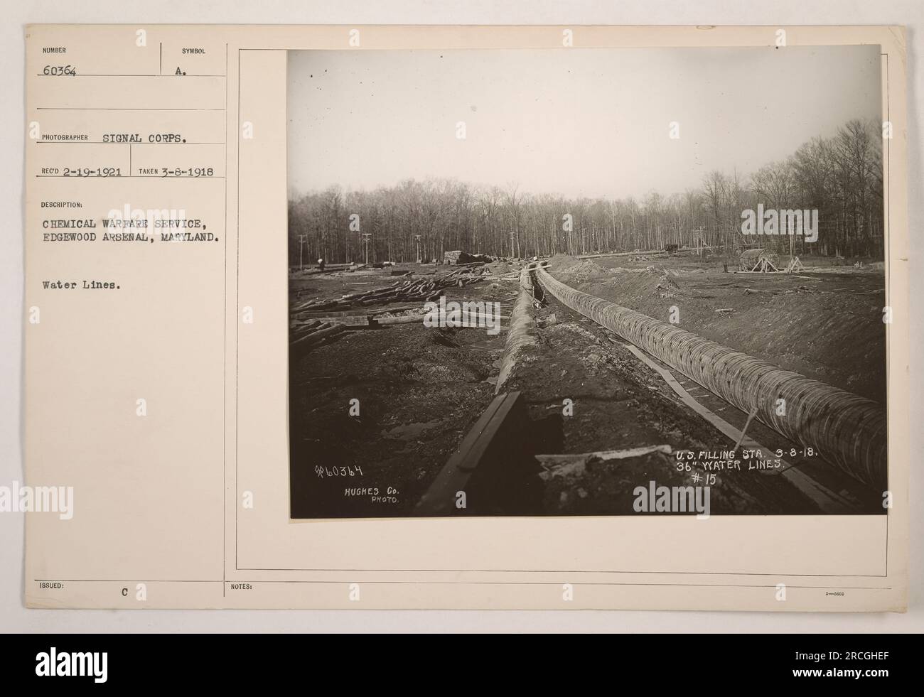 Soldiers of the Chemical Warfare Service at Edgewood Arsenal, Maryland, working on water lines. This photograph was taken on March 8, 1918, and was taken during World War One. It is part of the collection of American military activities during the war. Stock Photo