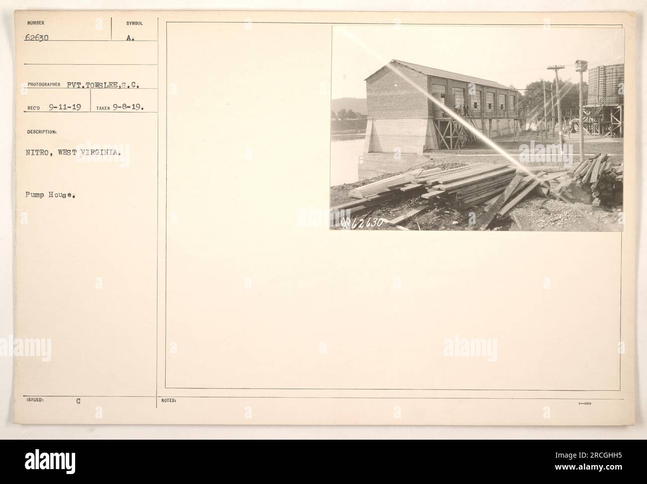 The photograph depicts a pump house located in Nitro, West Virginia. It was captured by Private Towslee, S.C. on September 8, 1919, and recorded on September 11, 1919. The pump house is marked with a symbol A. The image has been cataloged under the reference number 062630. Stock Photo