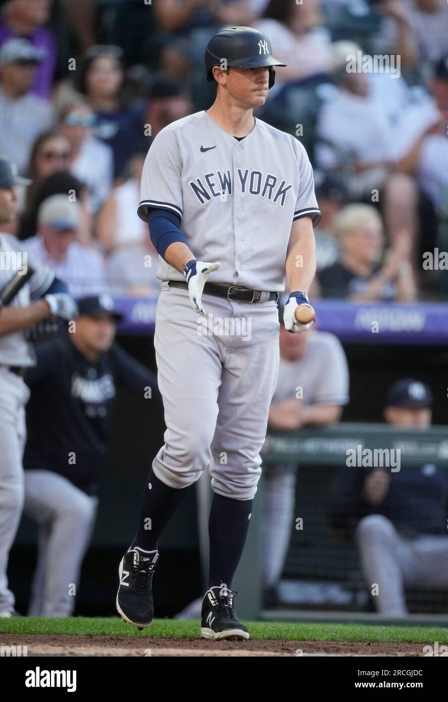 New York Yankees' DJ LeMahieu steps to the plate during the second inning  of the team's baseball game against the Colorado Rockies, his former team,  Friday, July 14, 2023, in Denver. (AP