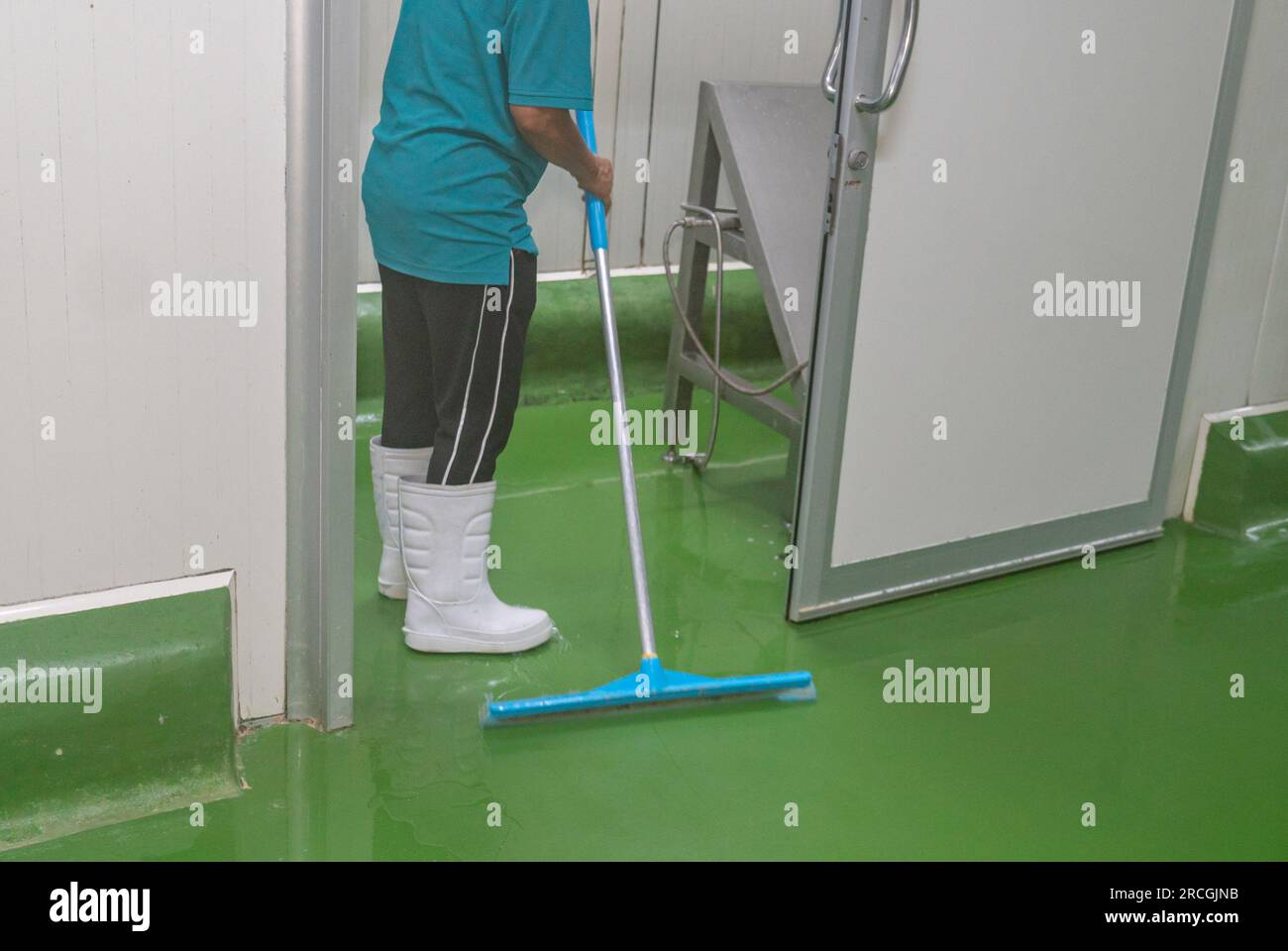 Hygiene worker jobs washer in food industrial process, Cleaning floor