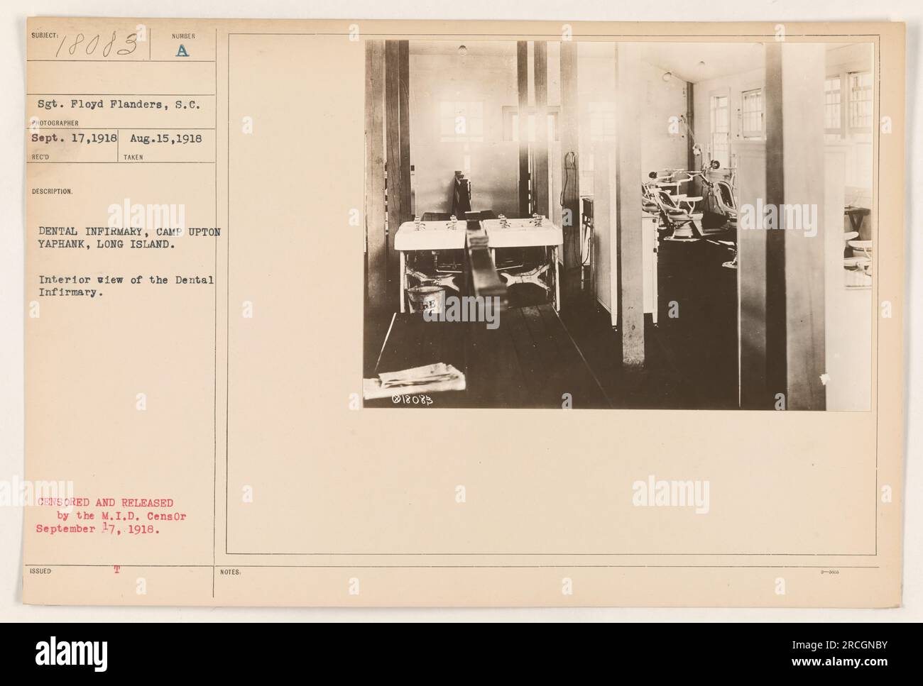 This photograph, taken on September 17, 1918, by Sgt. Floyd Flanders at Camp Upton Yaphank on Long Island, shows an interior view of the Dental Infirmary. It was censored and released by the M.I.D. censor. Stock Photo