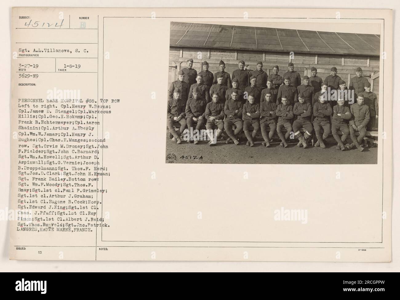 Personnel from Base Hospital #88 posing for a photograph. The individuals in the top row, from left to right, are Cpl. Henry W. Berns, Cpl. James D. Stengel, Cpl. Markcous Hillis, Cpl. Geo. H. Hokemp, Cpl. Frank B. Echtermeyer, Cpl. Aaron Shainin, Cpl. Arthur A. Eberly, Cpl. Wm. W. Jemar, Cpl. Henry J. Hughes, and Cpl. Chas. F. Manges. The second row consists of Sgt. Orvis M. Droney, Sgt. John F. Fielder, Sgt. John C. Barnard, Sgt. W.A. Howell, Sgt. Arthur D. Aspinwall, Sgt. O. Vernie, Joseph B. Droppelmann, Sgt. Thos. F. Herd, Sgt. Jos. D. Clark, Sgt. John H. Han, and Sgt. Frank Bailey. The b Stock Photo