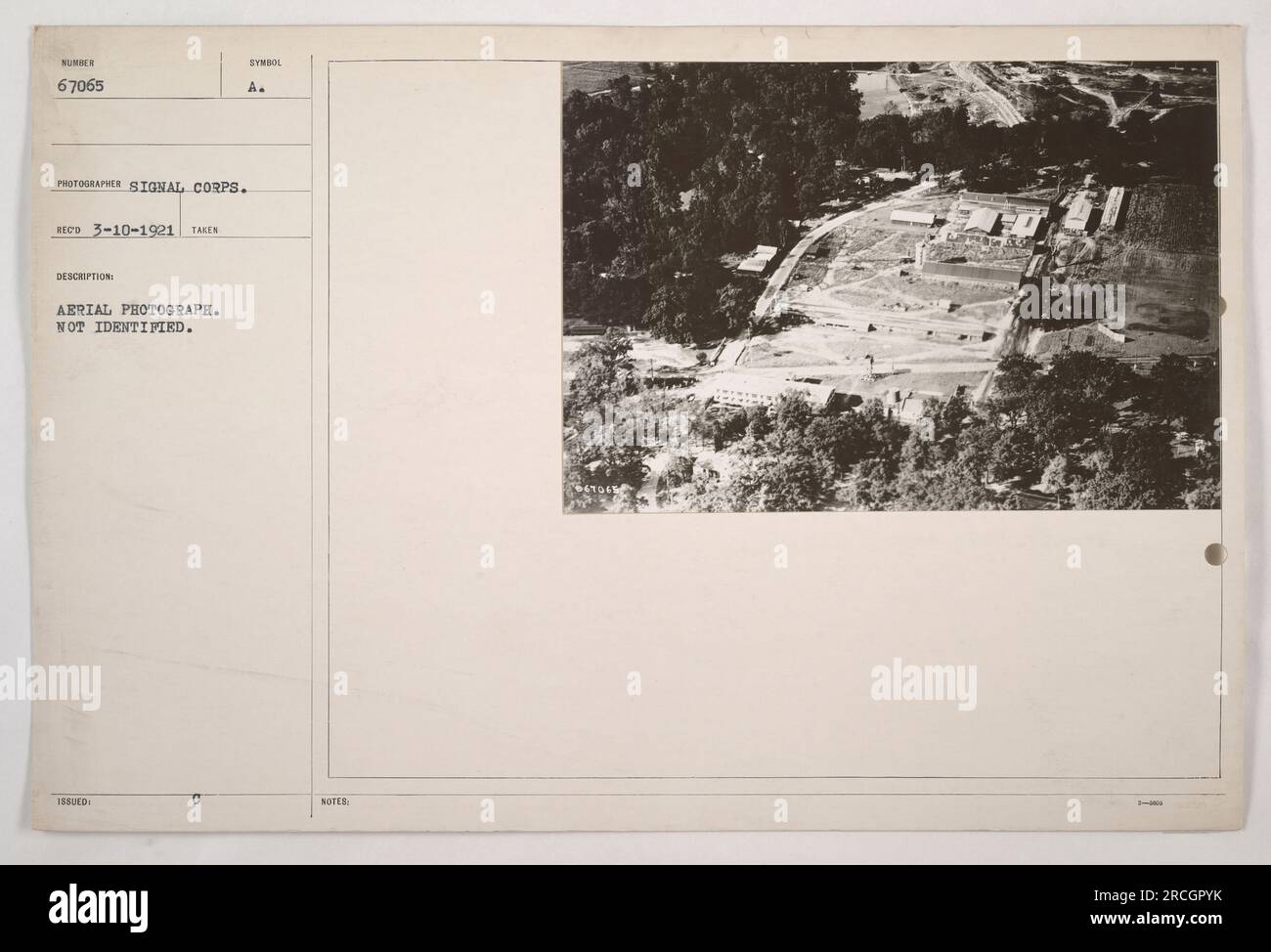 Aerial photograph from World War One taken by a photographer from the Signal Corps. The image is not identified and is labeled as number 67065. The photograph was taken on March 10, 1921. A symbol issued with the image is labeled as 'A'. Stock Photo
