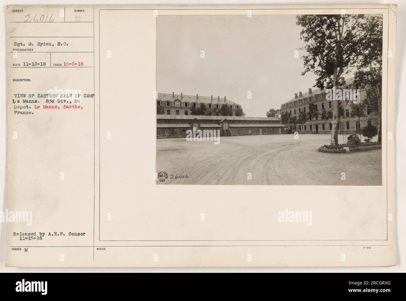 This photograph shows Camp Le Manns, located in Sarthe, France during World War One. The camp is divided into two halves, with this particular image capturing the view of the eastern half. The 83rd Division and the 2nd Depot were stationed at Camp Le Manns. This image was taken on October 6, 1918, and received on November 12, 1918. It was then approved and released by the American Expeditionary Forces Censor on November 15, 1918. Stock Photo