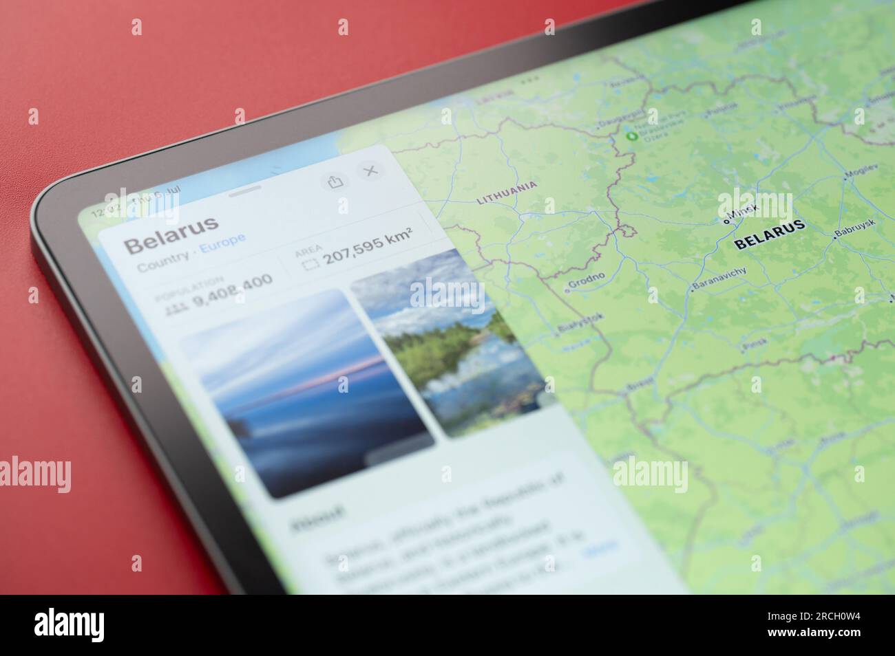New York, USA - July 6, 2023: Belarus country on world map in screen of ipad tablet close up view Stock Photo