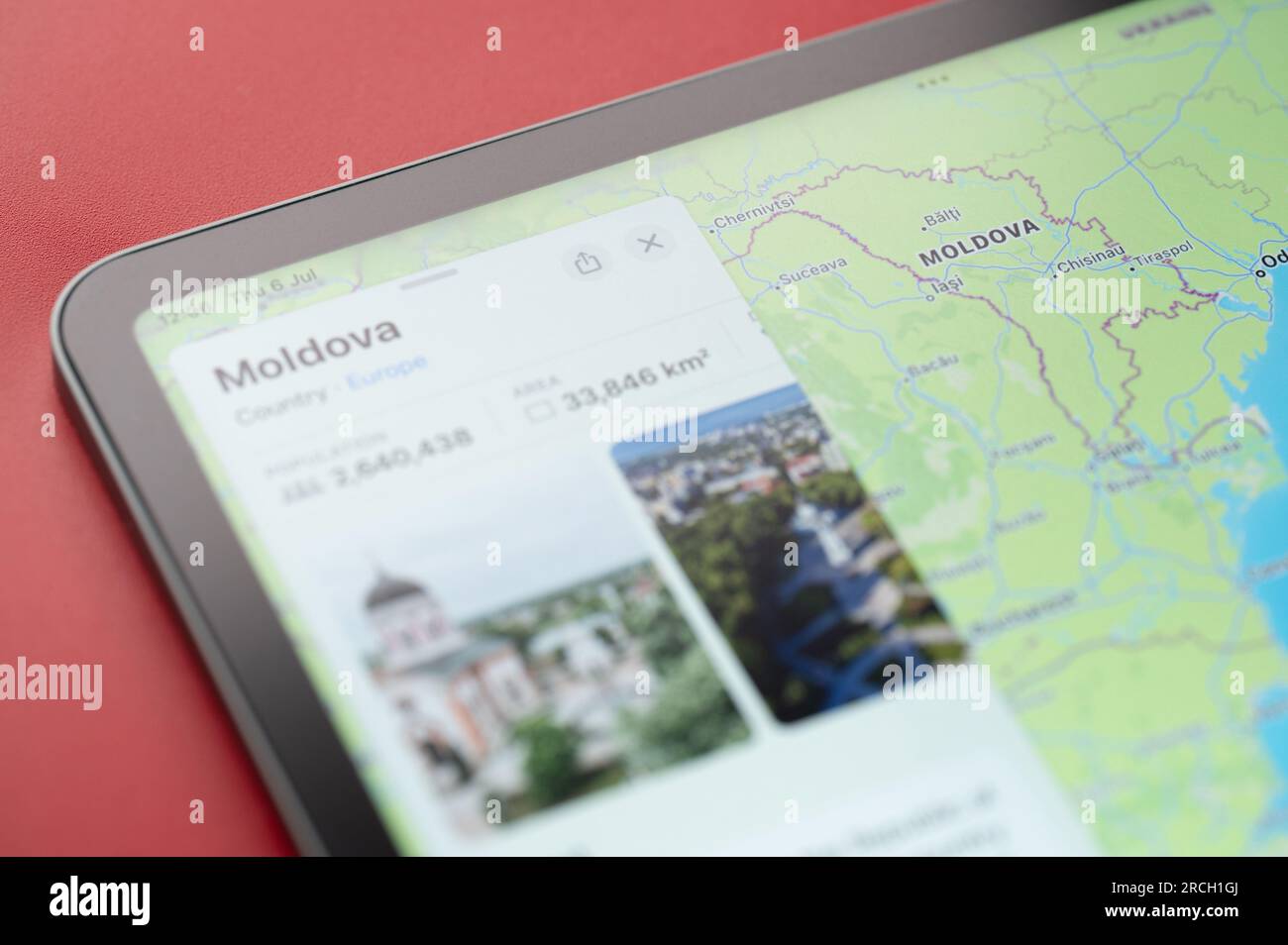 New York, USA - July 6, 2023: Contour of Moldova country boarder on world apple map ipad close up view Stock Photo