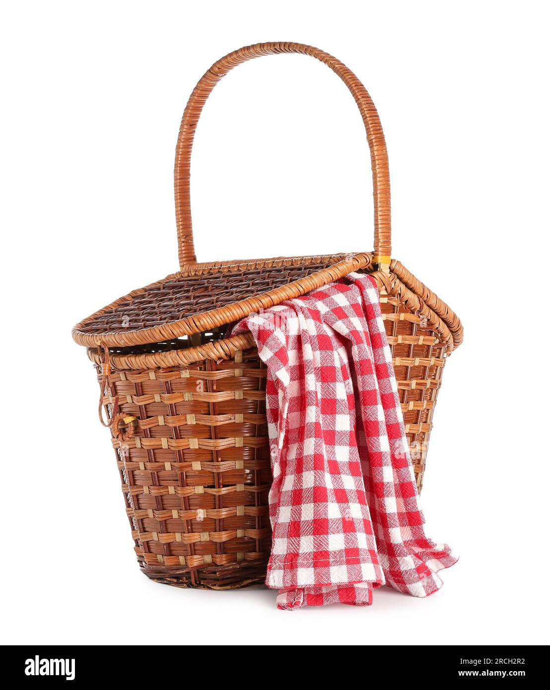 Wicker picnic basket with red checkered napkin on white background ...