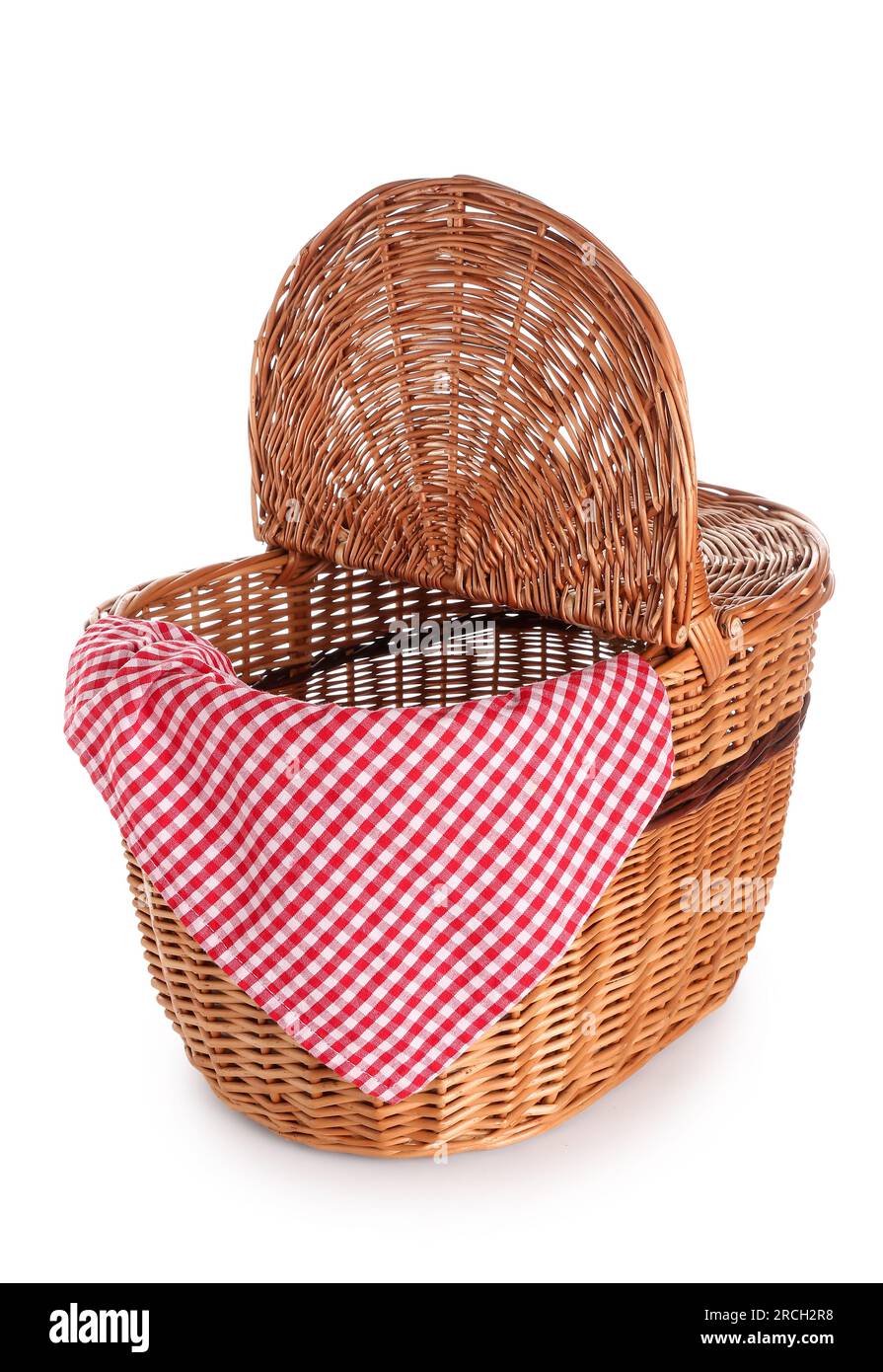 Wicker picnic basket with napkin isolated on white background Stock ...