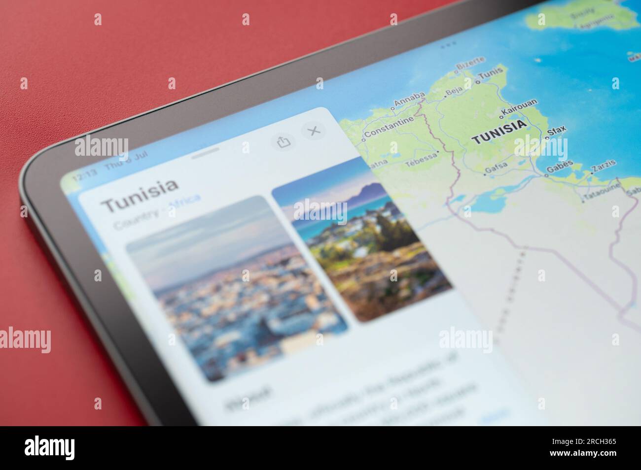 New York, USA - July 6, 2023: Tunisia country with Tunis capital on map ipad macro close up view Stock Photo