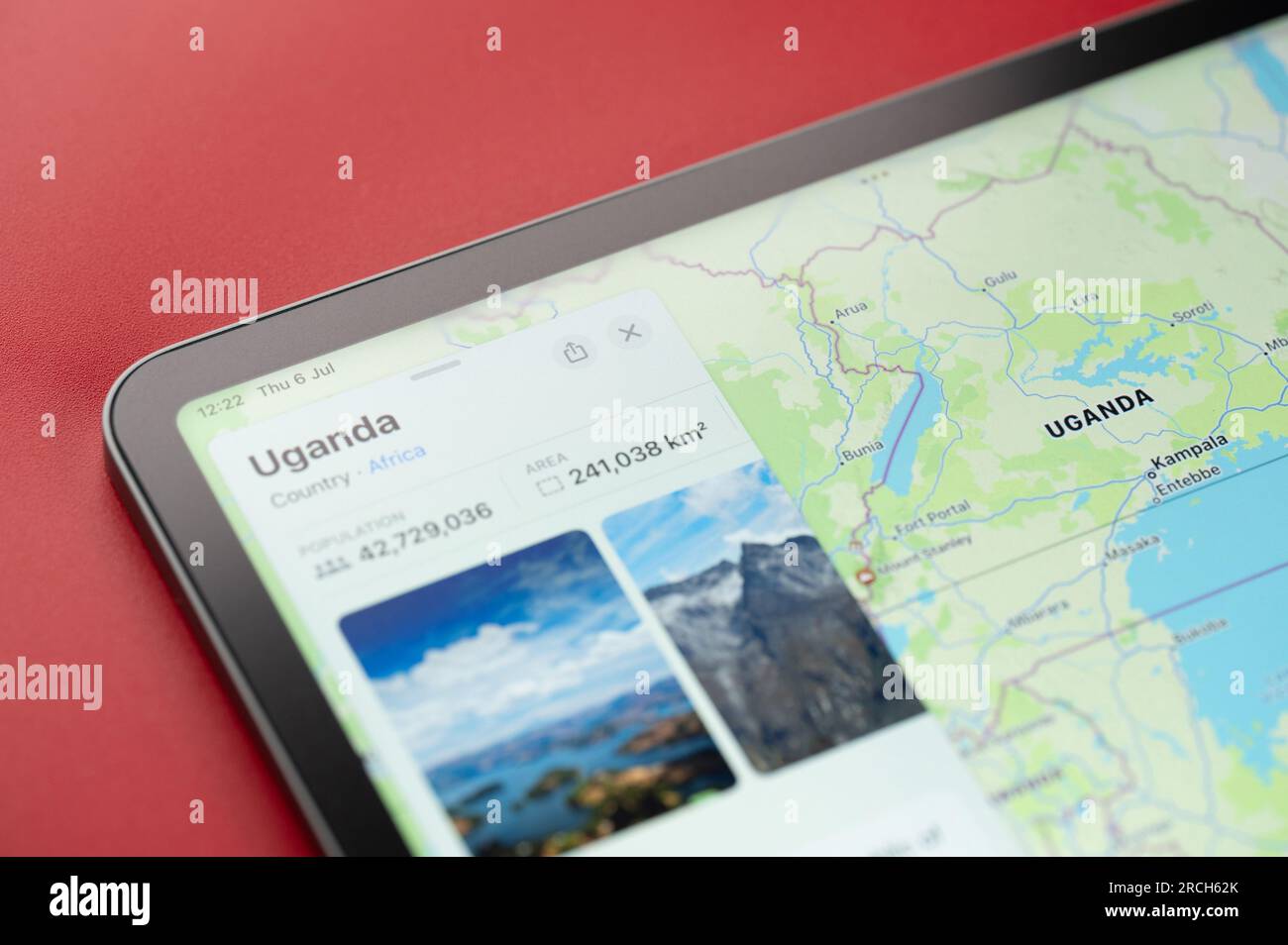 New York, USA - July 6, 2023: Uganda country shape on map ipad macro close up view Stock Photo