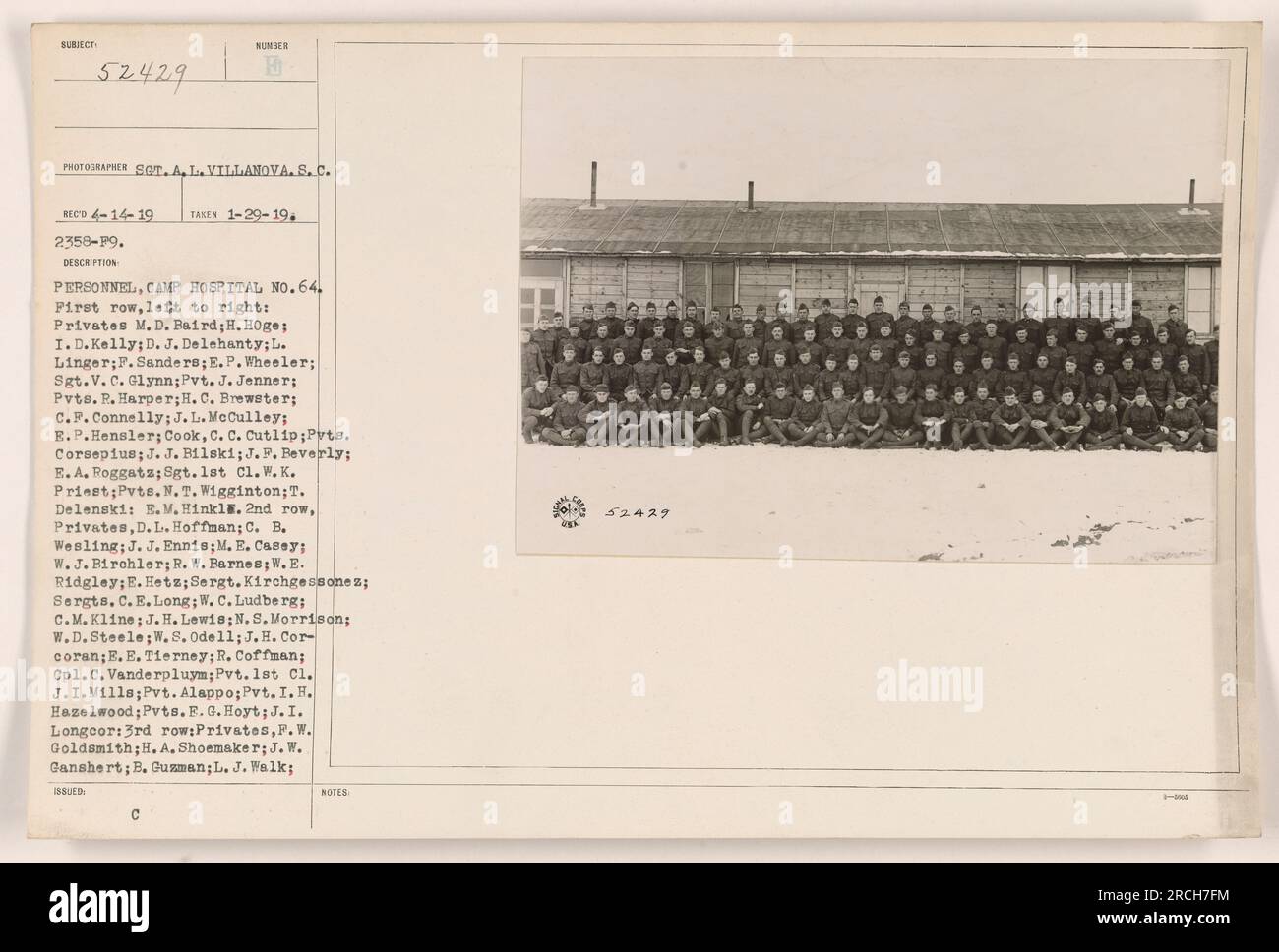 Personnel of Camp Hospital No. 64 in Chatillon sur Seine, Cote d'Or, France. The photograph was taken by Sgt. A.L. Villanova on January 29, 1919. The first row includes Privates M.D. Baird, H. Hoge, I.D. Kelly, D.J. Delehanty, L. Linger, F. Sanders, E.P. Wheeler, Sgt. V.C. Glynn, Pvt. J. Jenner, Pvts. R. Harper, H.C. Brewster, C.F. Connelly, J.L. McCulley, E.P. Hensler, Cook C.C. Cutlip, and more. The second row consists of Privates D.L. Hoffman, C.B. Wesling, J.J. Ennis, M.E. Casey, W.J. Birchler, R.W. Barnes, W.E. Ridgley, E. Hetz, and more. The third row features Privates F.W. Goldsmith, H. Stock Photo