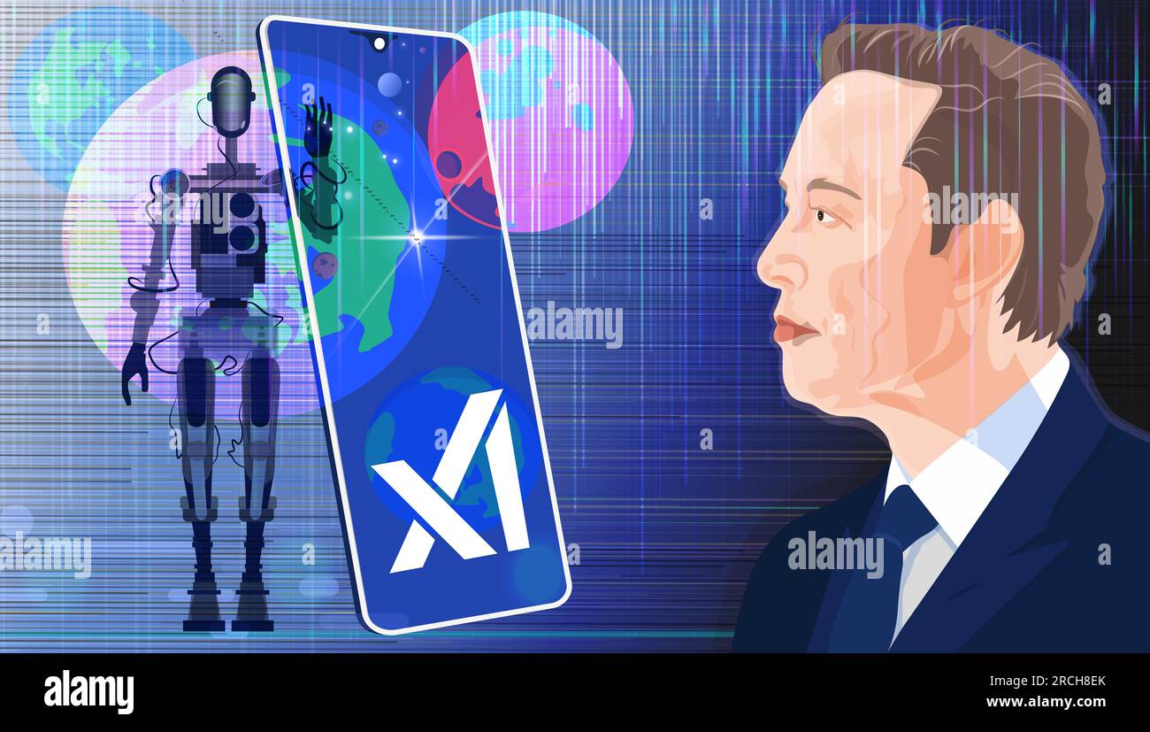 Elon Musk founded xAI. Elon Musk portrait, robot and xAI inscription