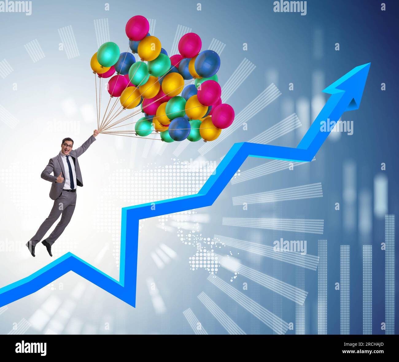 Graph Balloons Rising The businessman flying on balloons over graph Stock Photo - Alamy