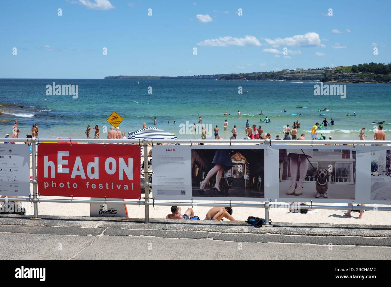 On the Bondi Beach promenade, photos of dogs and people's legs, part of the Head On exhibition 2022, Dogs and the City by photographer Kristie Lee Stock Photo