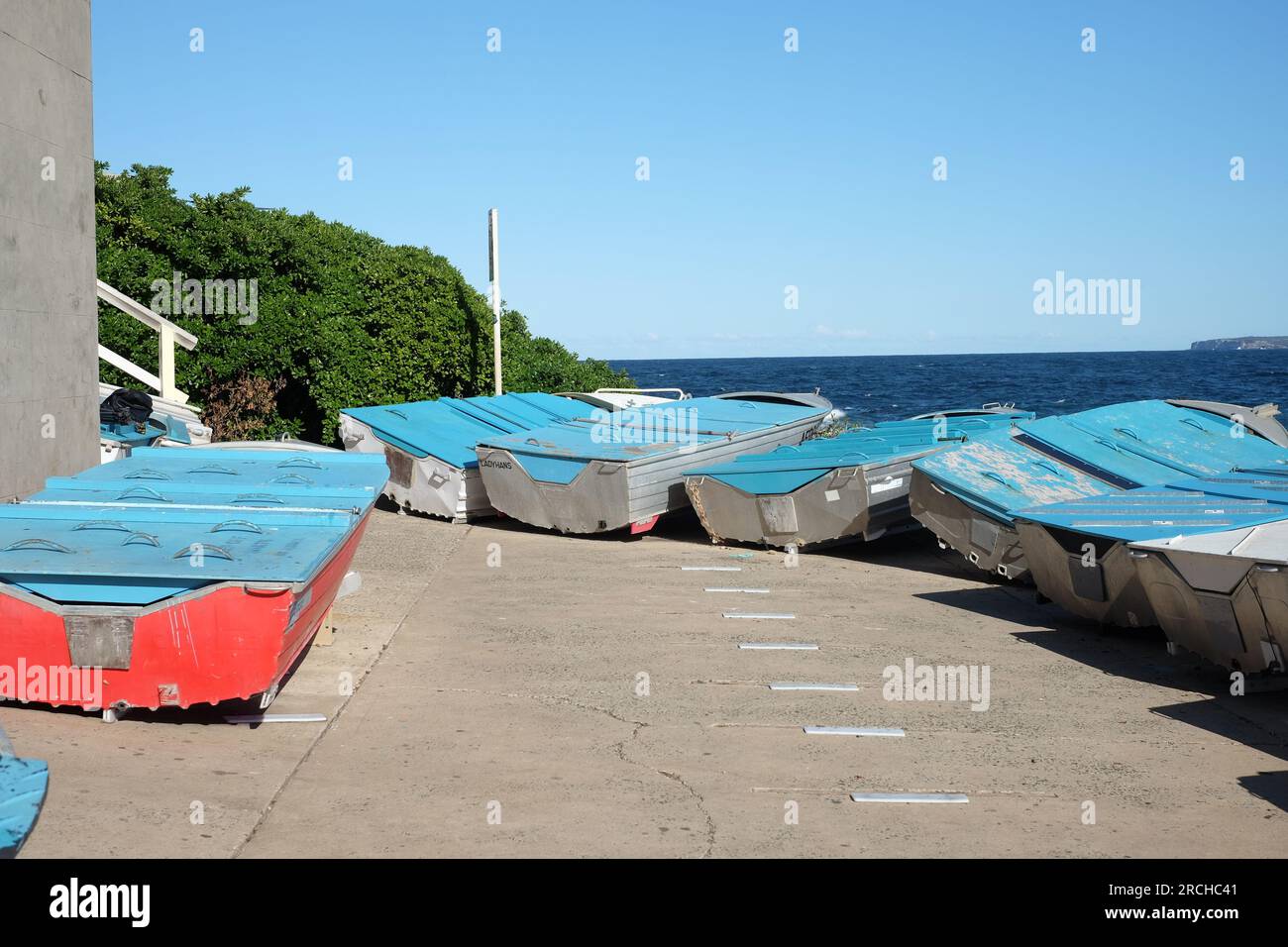 Recreational fishing boats on the ramp at Ben Buckler Fishing Club North Bondi, overlooking the famous Bondi Beach, Sydney, Australia Stock Photo