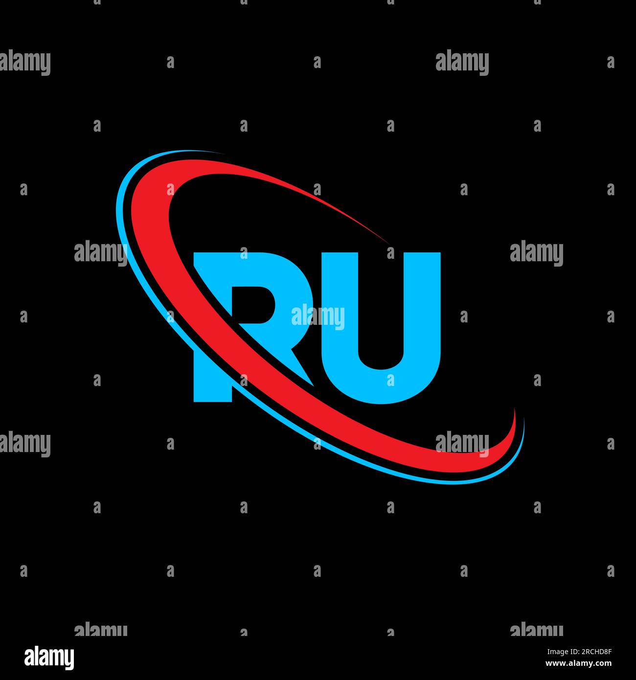 RU R U letter logo design. Initial letter RU linked circle uppercase monogram logo red and blue. RU logo, R U design. ru, r u Stock Vector