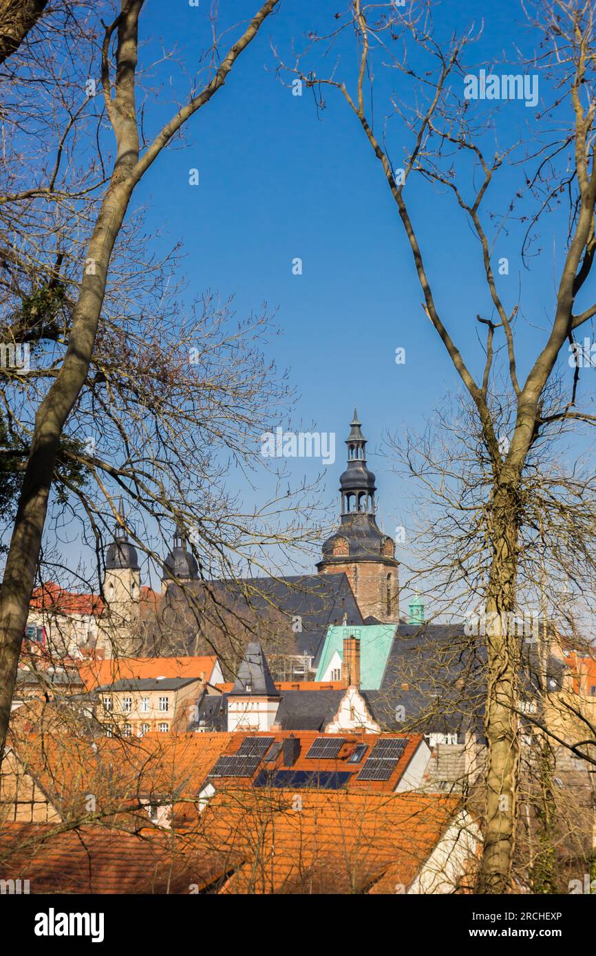 Rooftops in front of the tower of St. Andreas church in Eisleben, Germany Stock Photo