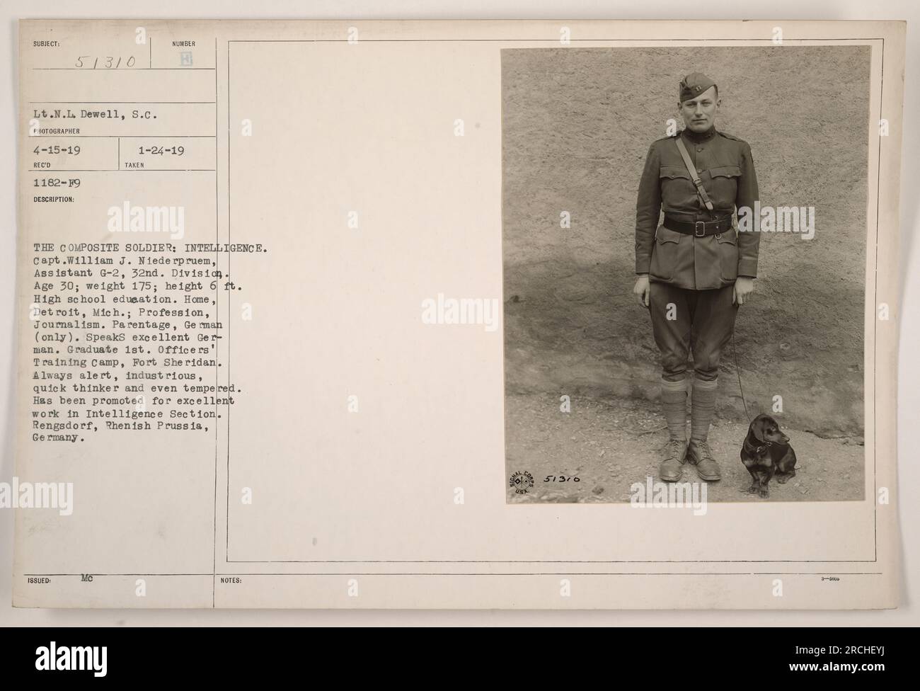 Image: The photograph shows Captain William J. Niederpruem, an Assistant G-2 in the 32nd Division during World War One. Niederpruem is depicted as the composite soldier representing intelligence. He is 30 years old, weighs 175 lbs, and stands at a height of 6 ft. He has a high school education and hails from Detroit, Michigan. Niederpruem is of German descent and speaks the language fluently. He is a graduate from the Officers' Training Camp at Fort Sheridan and is known for his alertness, industriousness, quick-thinking skills, and even temperament. He has been promoted for his outstanding wo Stock Photo