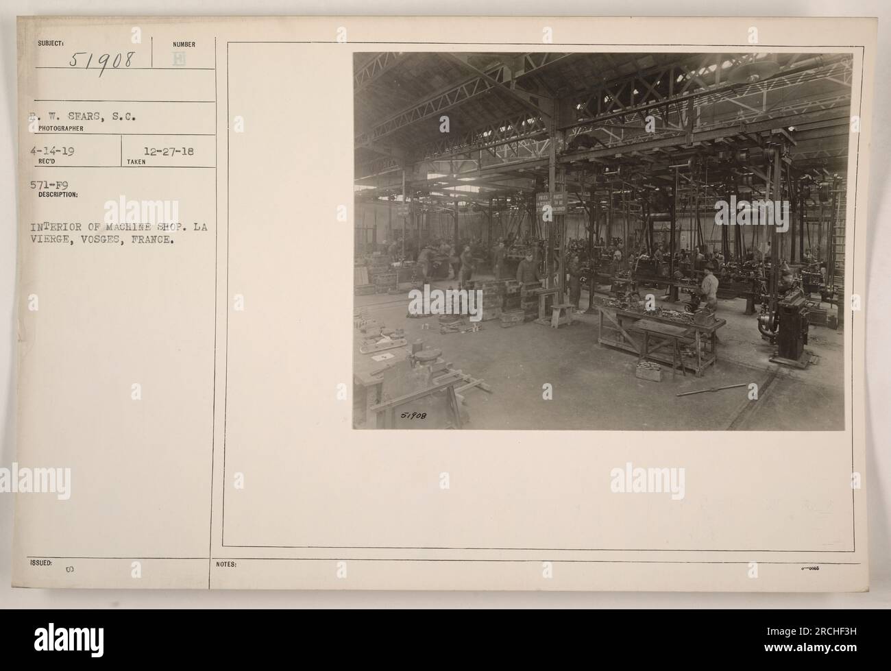 Interior of a machine shop at La Vierge, Vosges, France, photographed on April 14, 1919. The photograph, taken by R.W. Sears, shows machinery and workstations in the shop. This image is part of the collection 'Photographs of American Military Activities during World War One.' Stock Photo